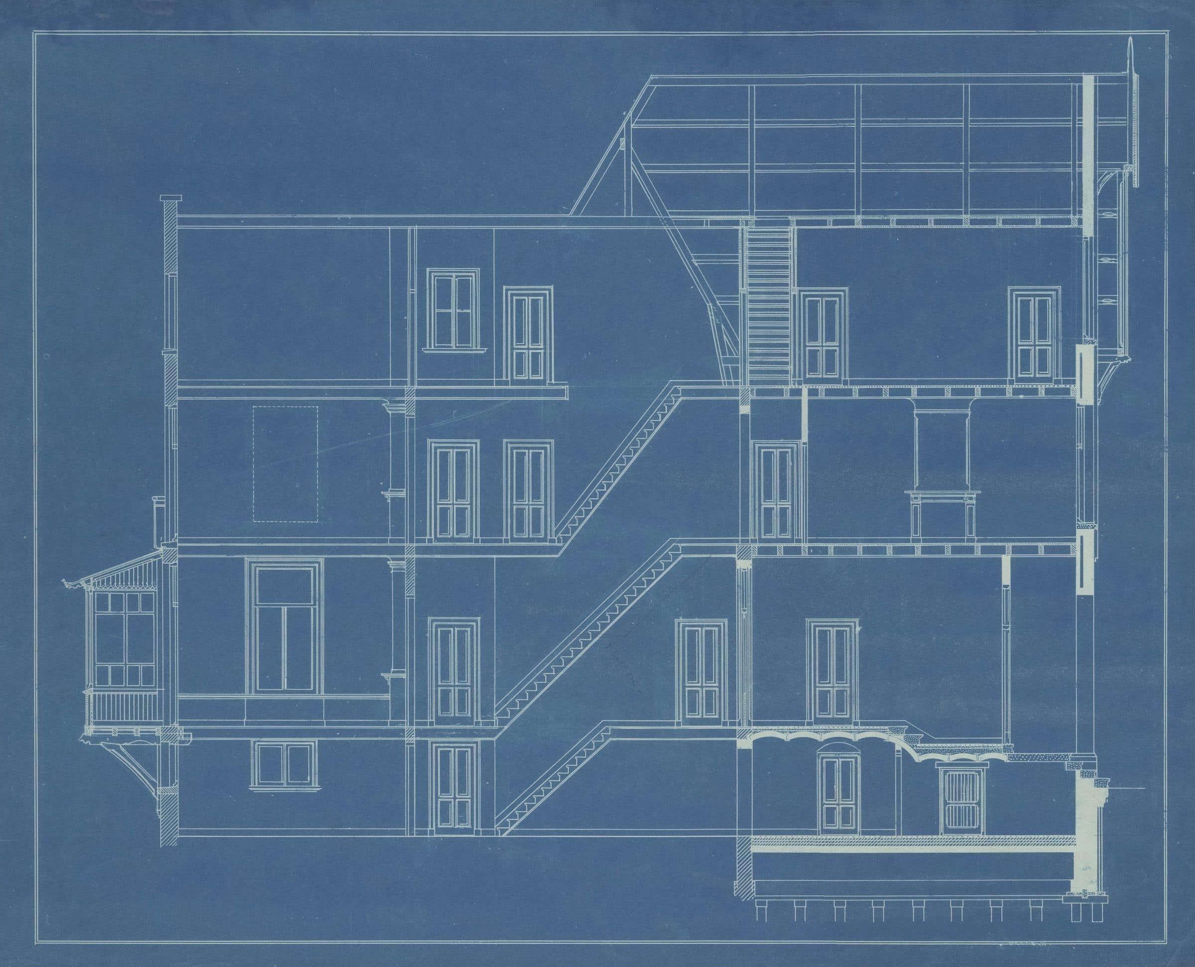 An architectural blueprint showing the elevation of a multi-storey building